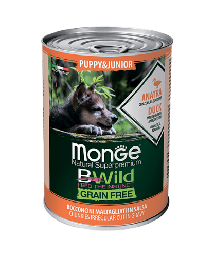 Monge BWild GF Puppy&Junior Anatra (400 г х 6 уп.) для щенков, беззерновое питание с уткой, тыквой и цукини фото в интернет-магазине ZooVsem.by
